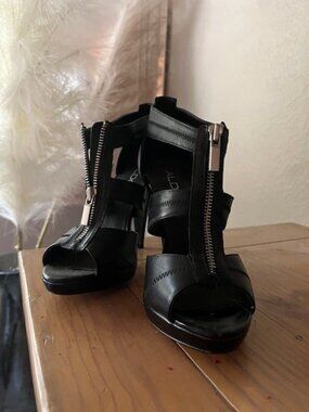ALDO Black Peep-Toe Zipper Front Sandals – 4.5” Heel